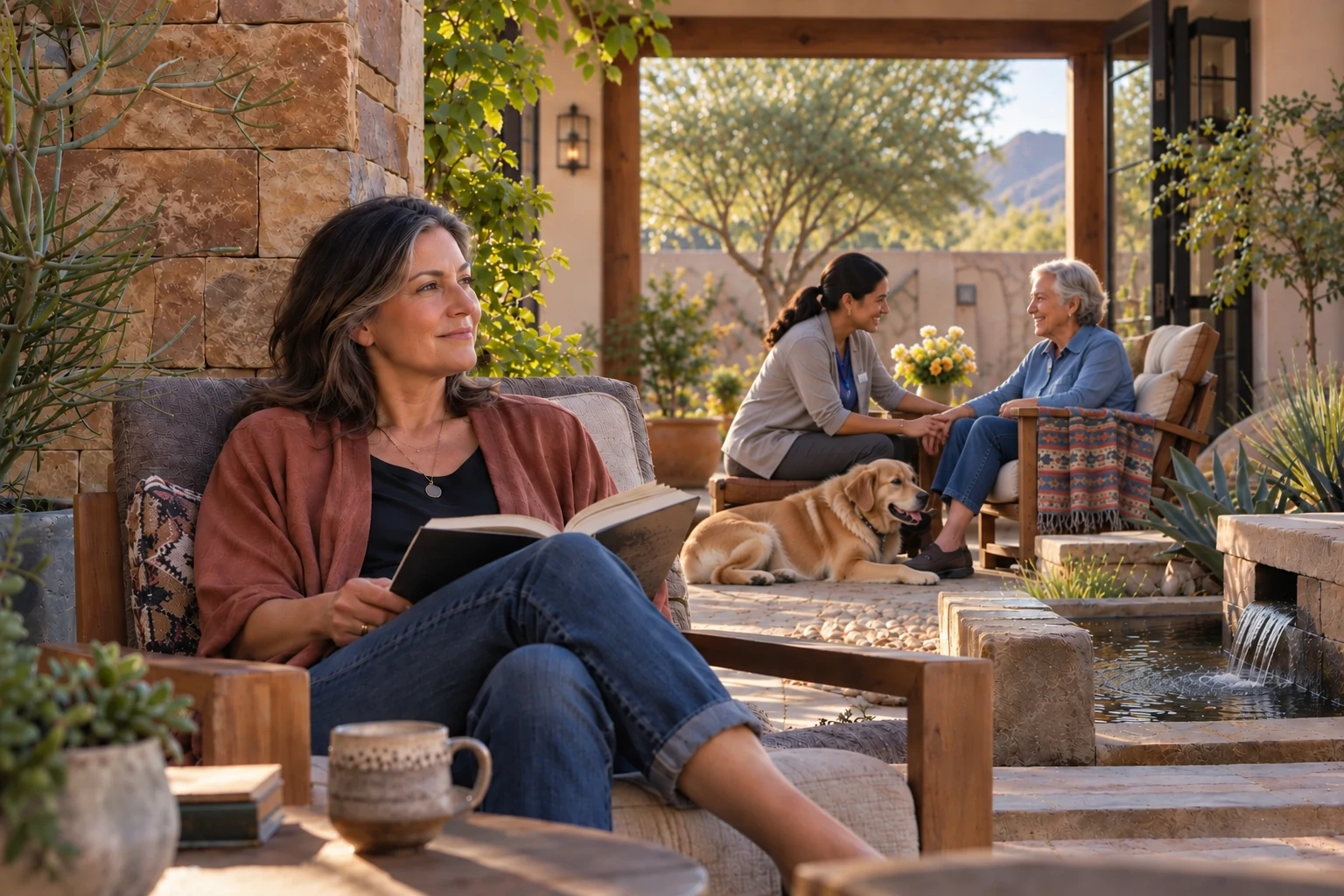 A caregiver and older adult sharing a calm restorative courtyard