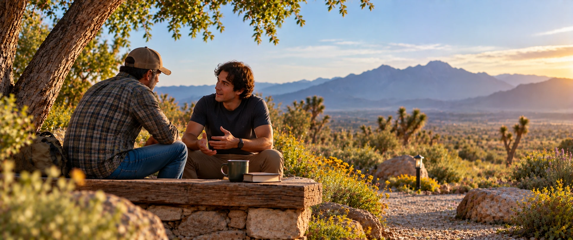 Two men in conversation on a quiet desert bench