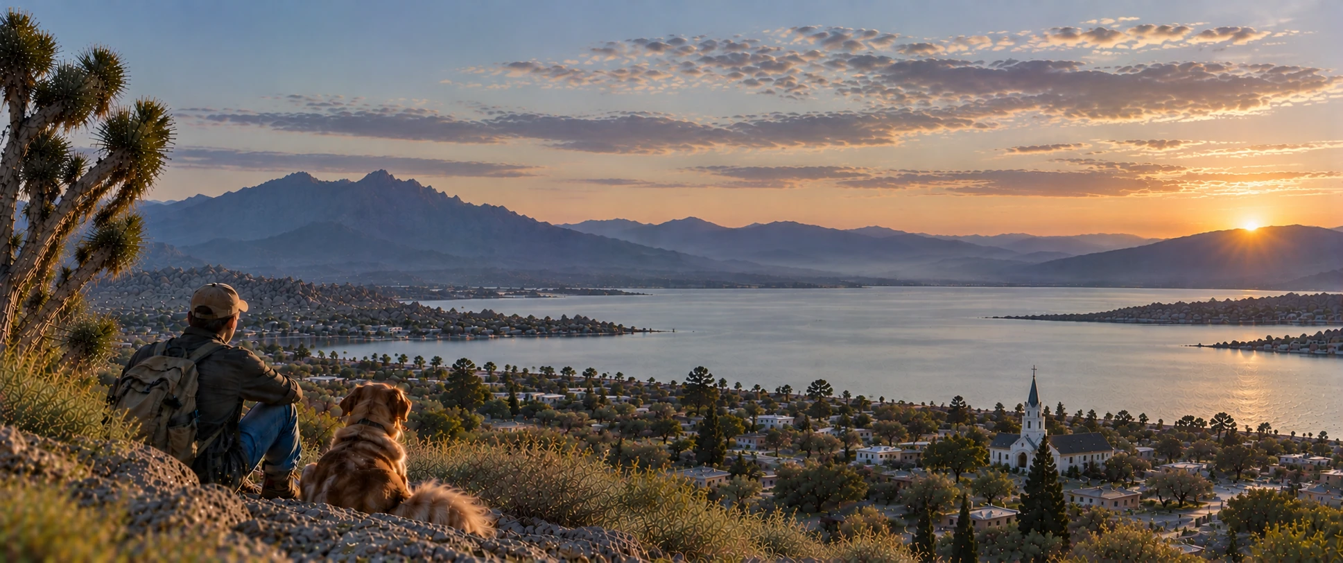A hiker and dog overlooking a lakeside community at sunrise