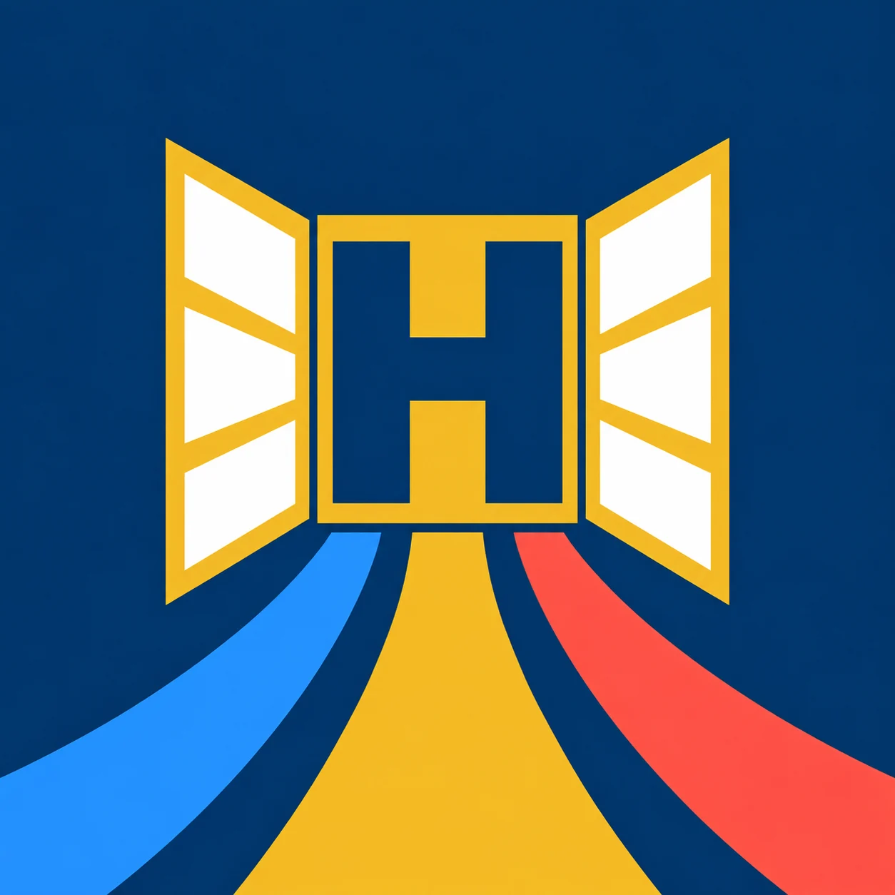 Help Finds a Way: a gold-framed open doorway with blue, gold, and coral pathways